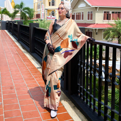 Cream Floral Digital Printed Pure Satin Saree