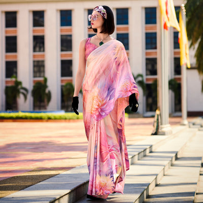 Peach Floral Digital Printed Pure Satin Saree