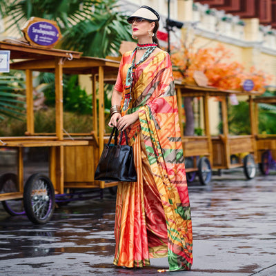 Multicolor Digital Printed Pure Satin Saree