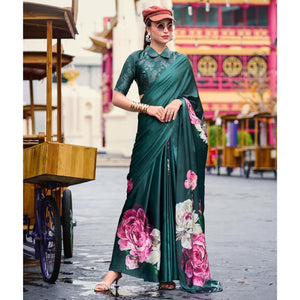 Bottle Green Digital Printed Pure Satin Saree