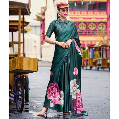 Bottle Green Digital Printed Pure Satin Saree