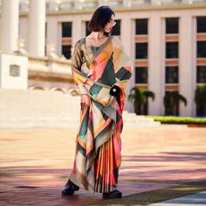 Multicolor Digital Printed Pure Satin Saree