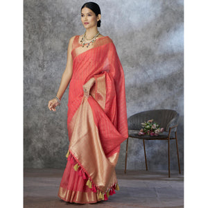 Gajari Pink Woven Cotton Silk Saree With Tassels