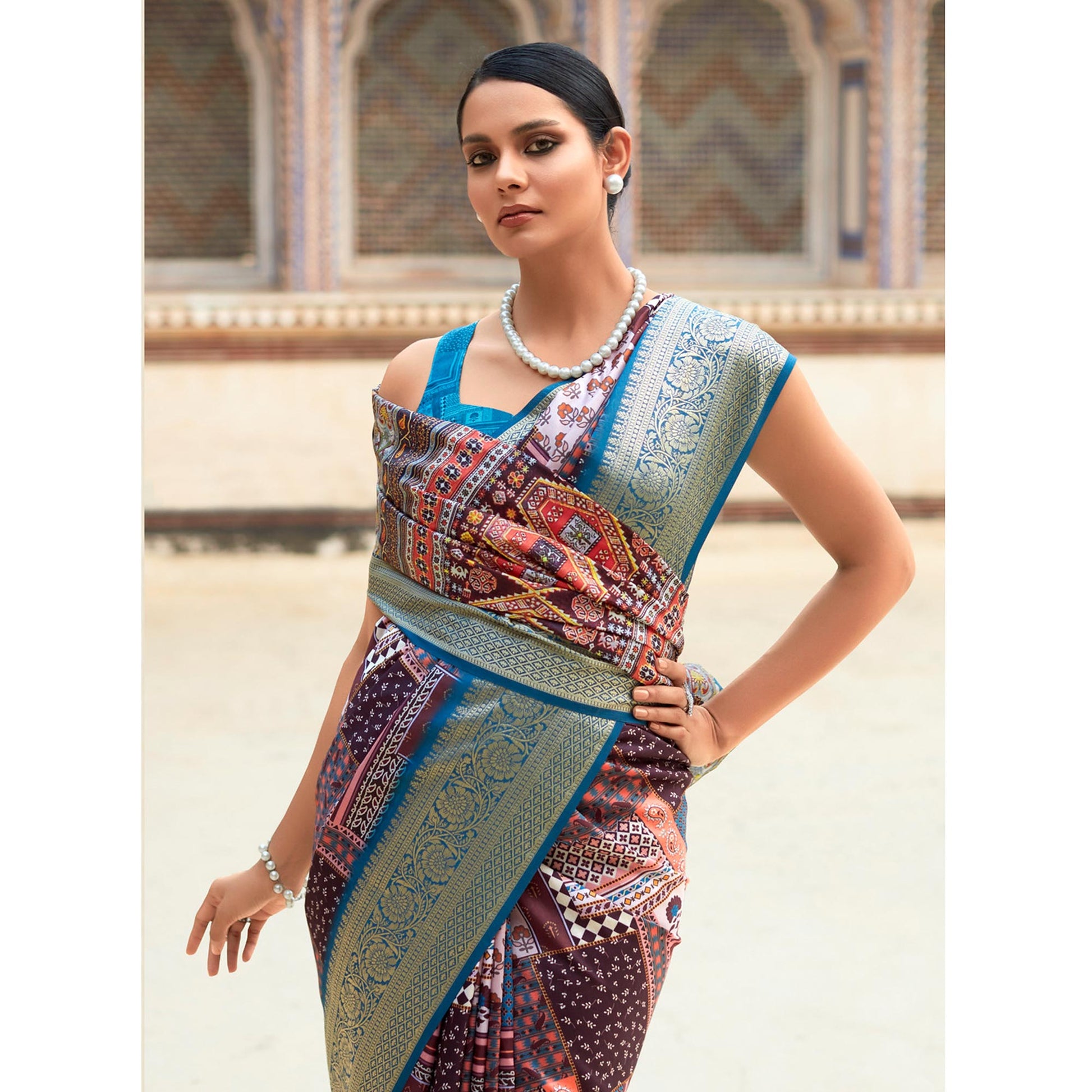 Brown & Blue Printed Dola Silk Saree
