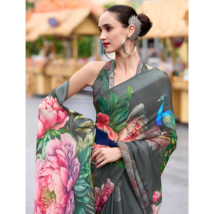 Grey Floral Printed Georgette Saree