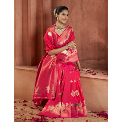 Crimson Red Floral Woven Pure Banarasi Silk Saree