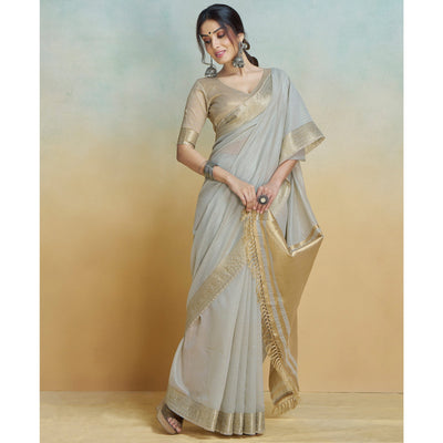 Light Grey Woven Cotton Silk Saree With Tassels