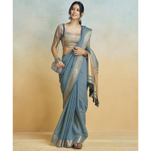 Grey Woven Cotton Silk Saree With Tassels