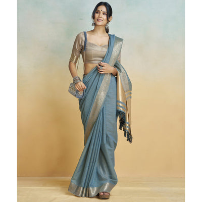 Grey Woven Cotton Silk Saree With Tassels