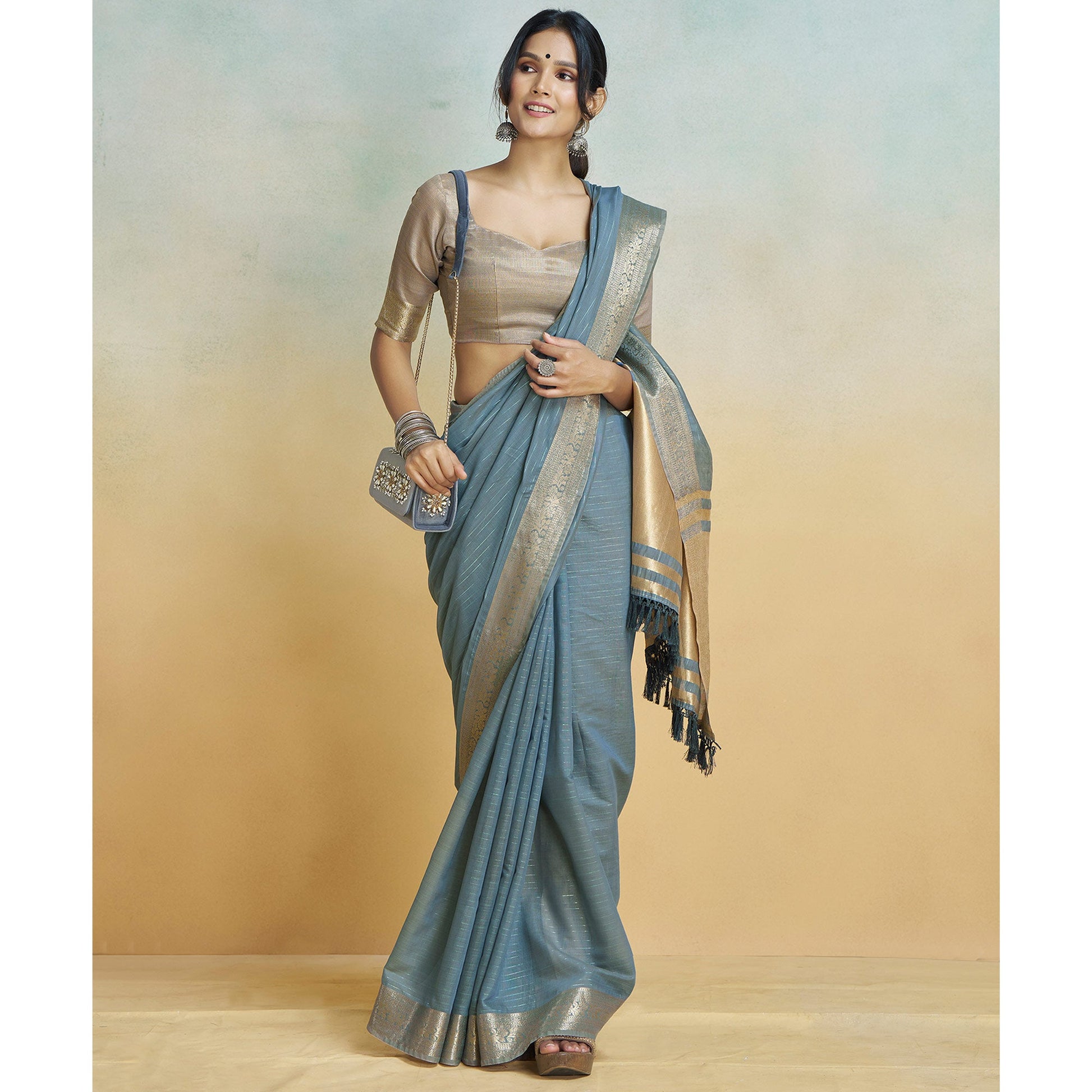 Grey Woven Cotton Silk Saree With Tassels