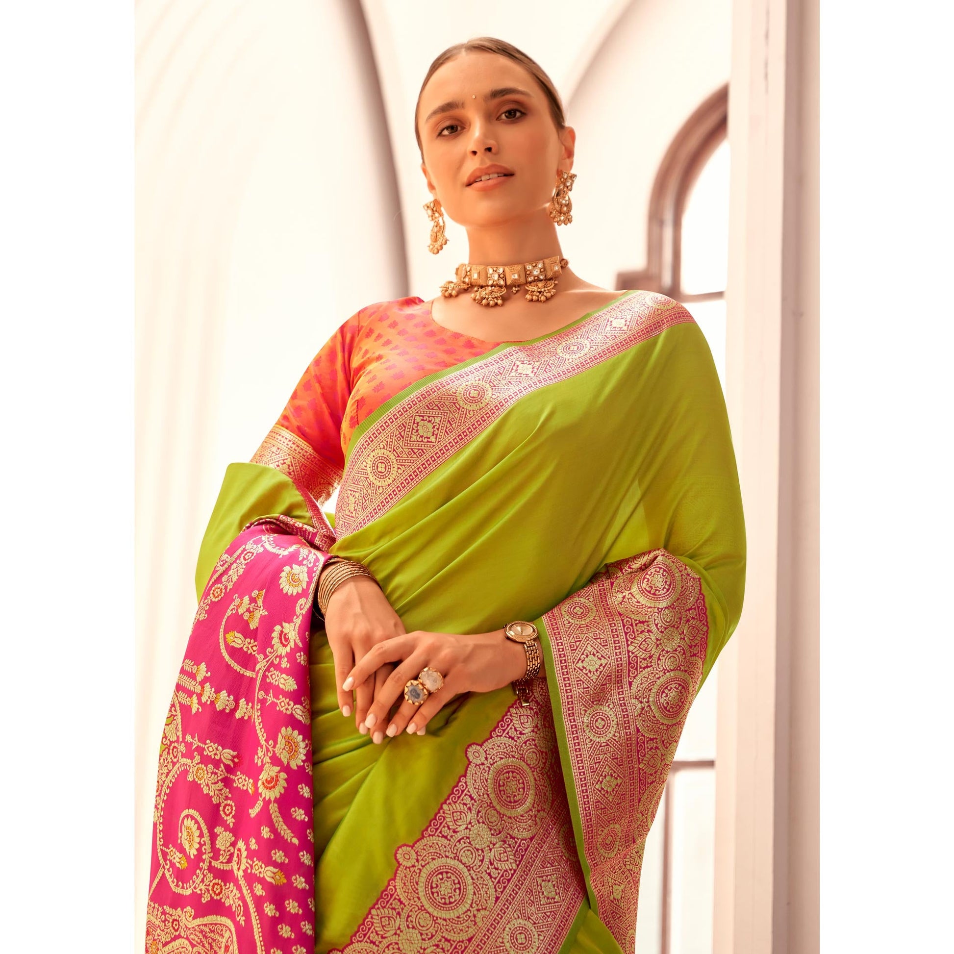 green-floral-woven-banarasi-silk-saree-with-tassels-9
