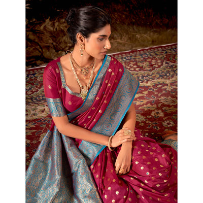 Dark Pink Woven Butti Work Banarasi Silk Saree