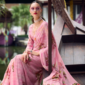 Pink Floral Digital Printed Georgette Saree
