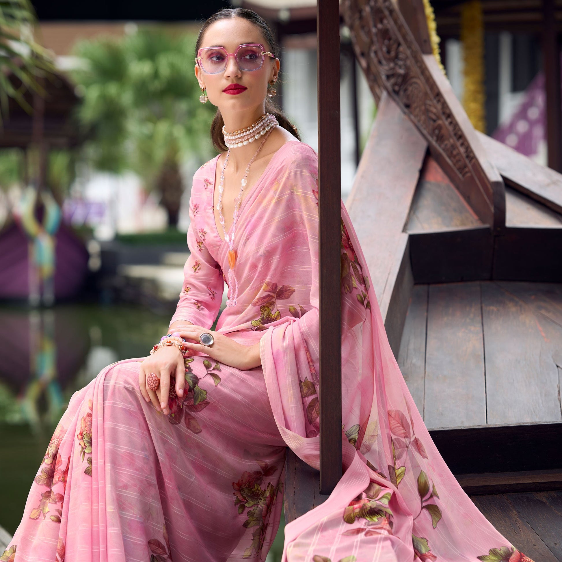 Pink Floral Digital Printed Georgette Saree