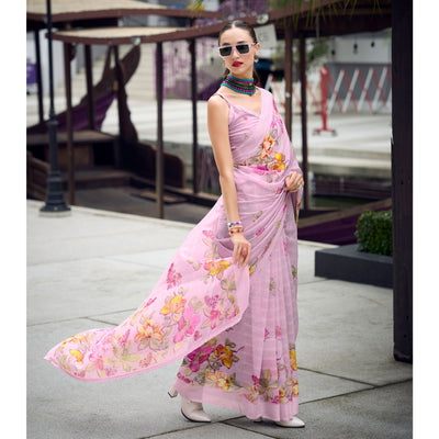 Light Pink Floral Digital Printed Georgette Saree