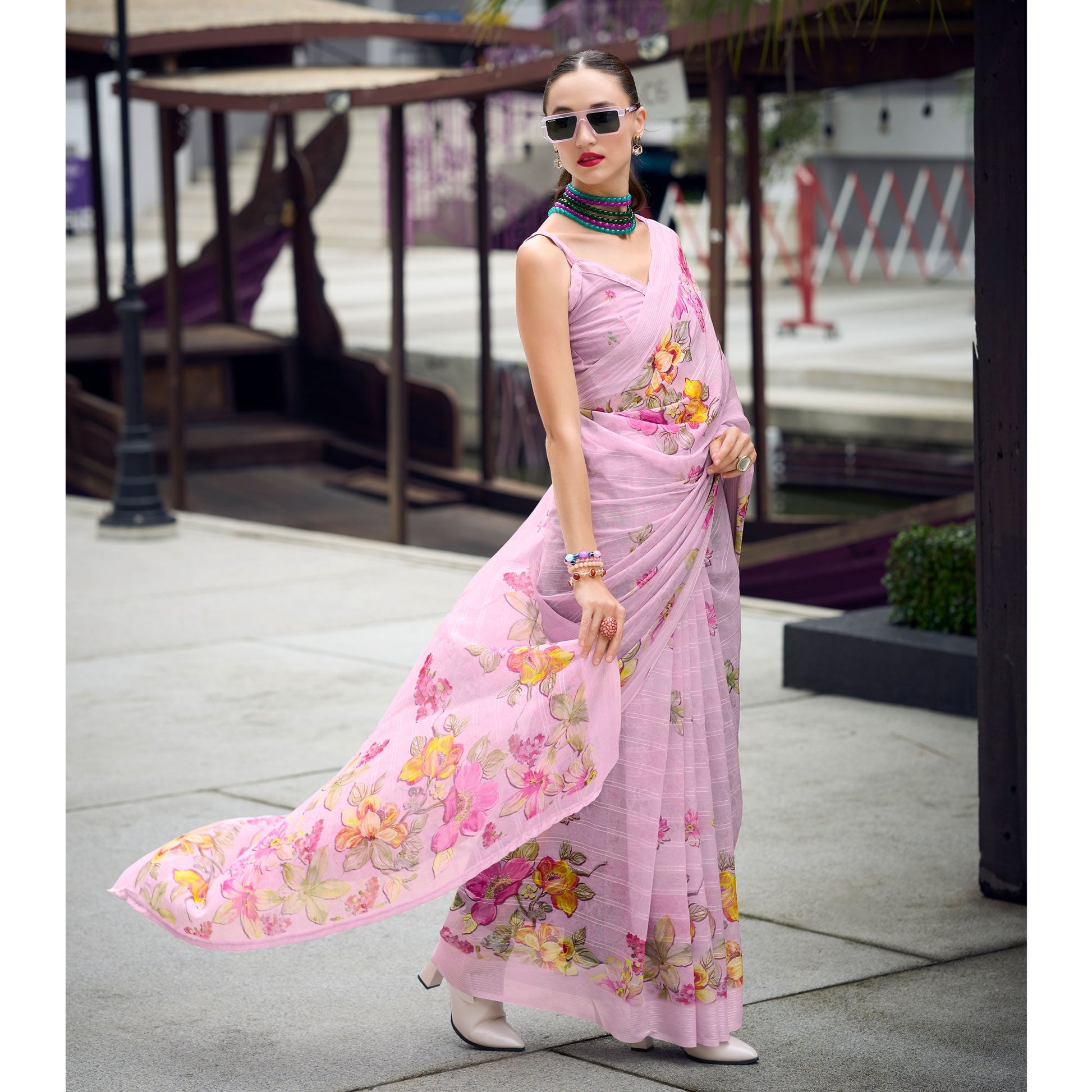 Light Pink Floral Digital Printed Georgette Saree