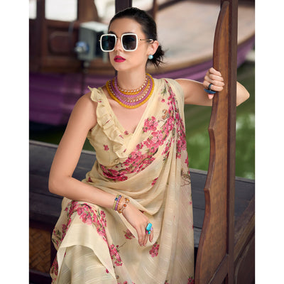 Cream Floral Digital Printed Georgette Saree
