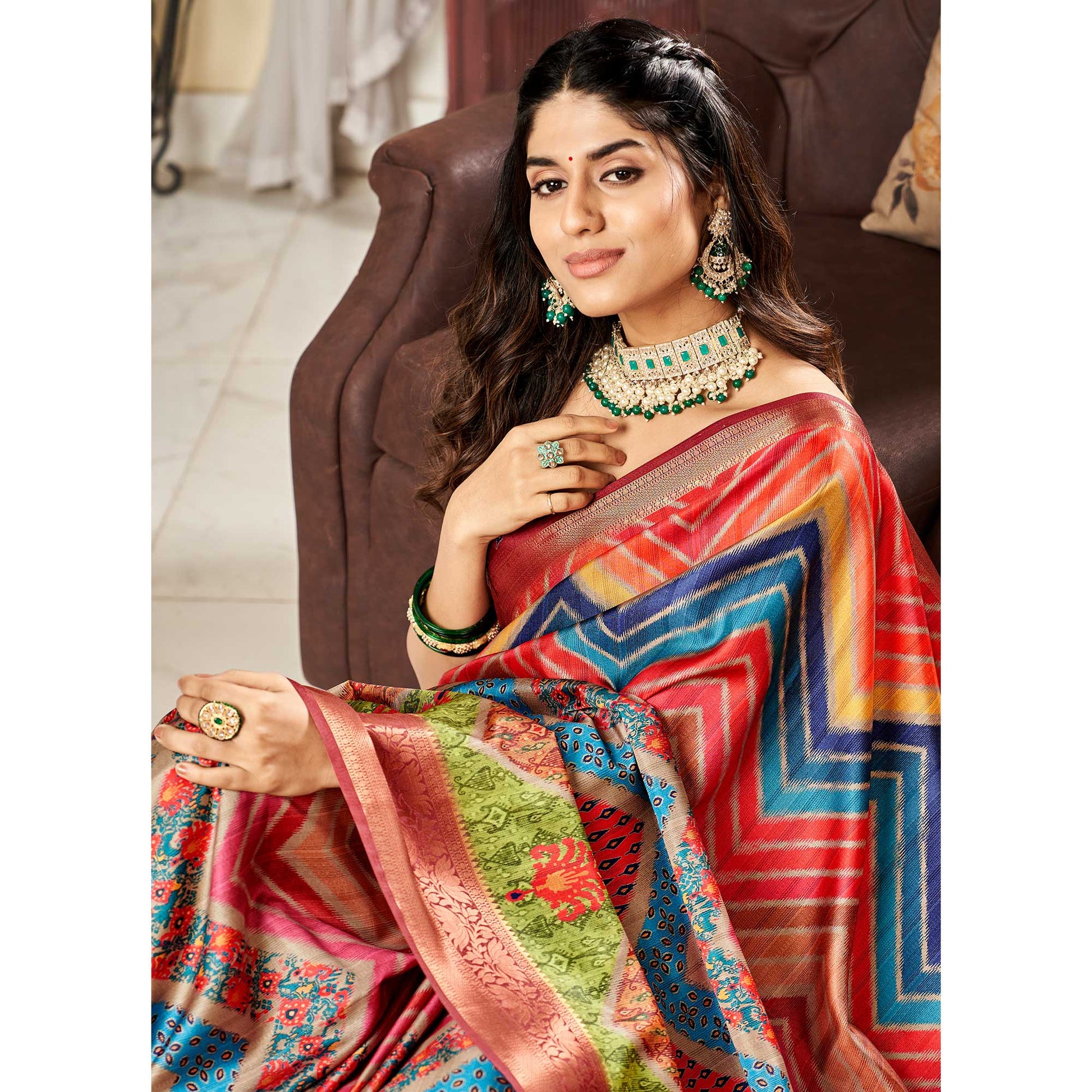 Multicolor Digital Printed Satin Saree