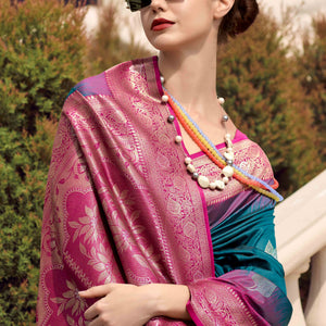 Morpich Blue Zari Weaving Pure Silk Saree