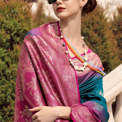 Morpich Blue Zari Weaving Pure Silk Saree