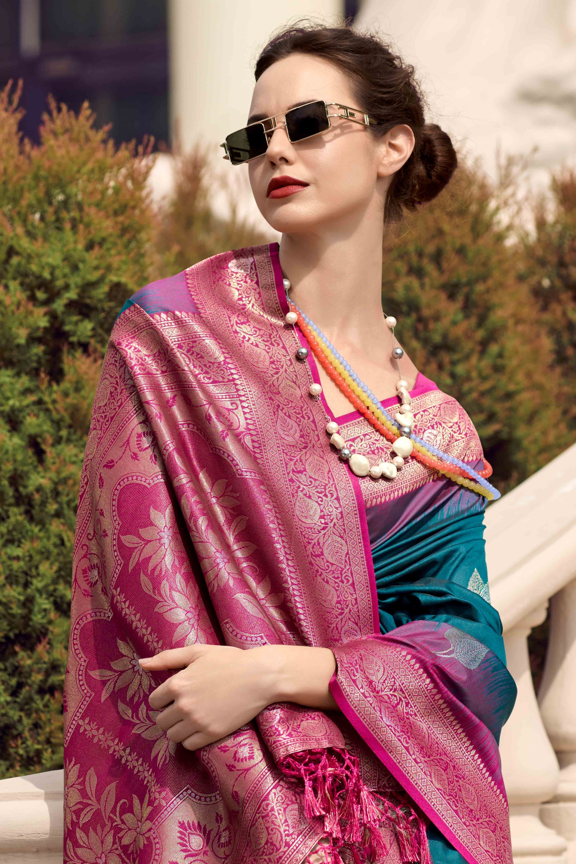 Morpich Blue Zari Weaving Pure Silk Saree