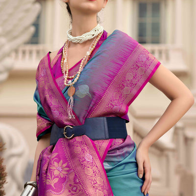 Dusty Teal Zari Weaving Pure Silk Saree