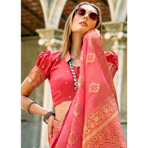Gajari Pink Floral Woven Tissue Silk Saree With Tassels
