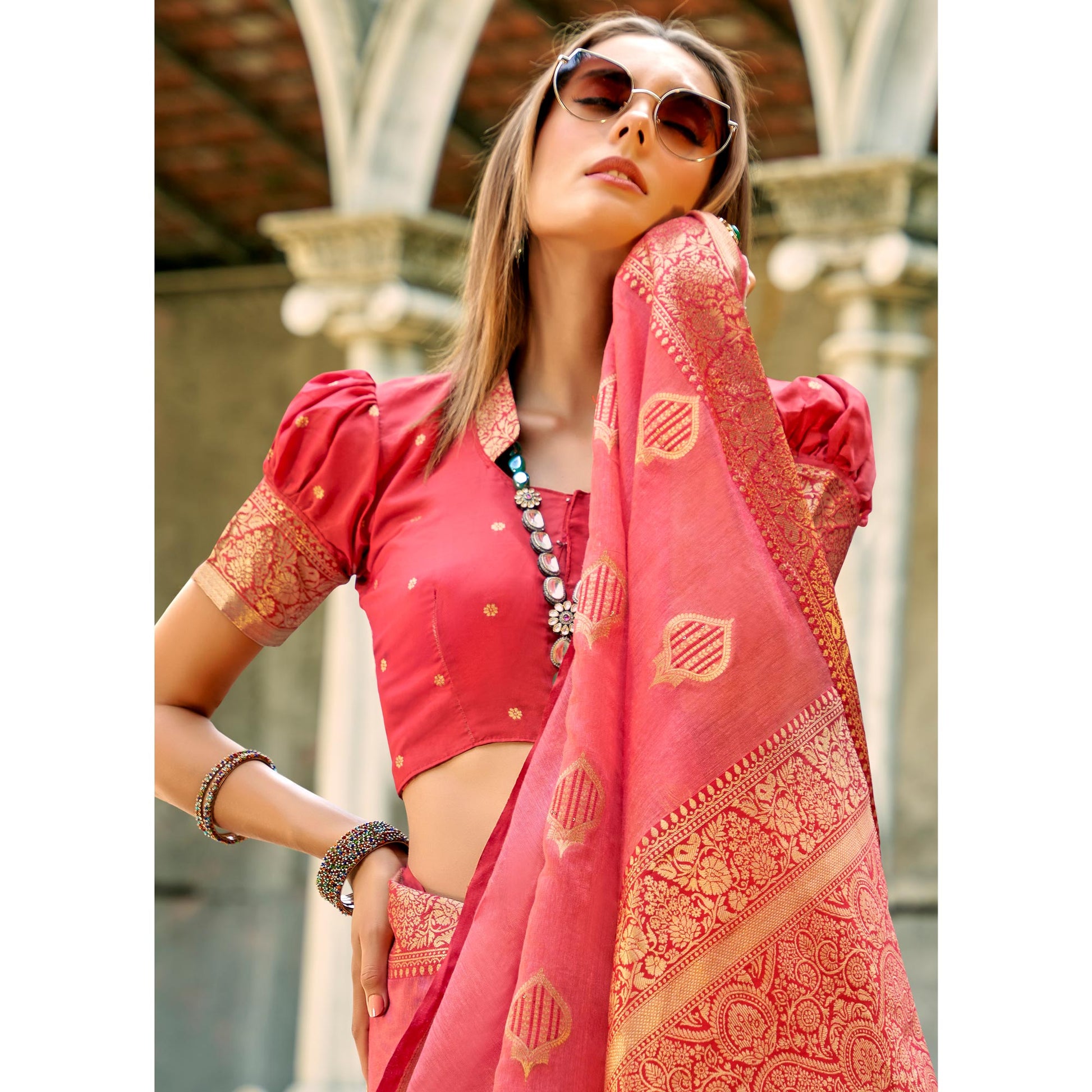 Gajari Pink Floral Woven Tissue Silk Saree With Tassels