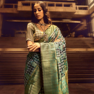 black-checks-woven-organza-saree-with-tassels