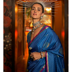 Blue Zari Work Woven Mulberry Silk Saree