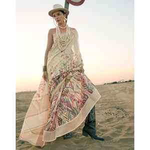 Cream Floral Digital Printed Linen Saree