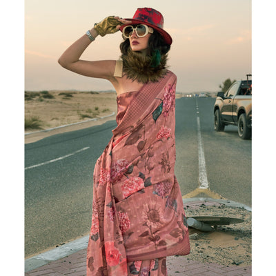 Mauve Floral Digital Printed Linen Saree