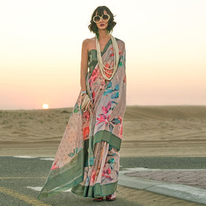 Brown Floral Digital Printed Linen Saree