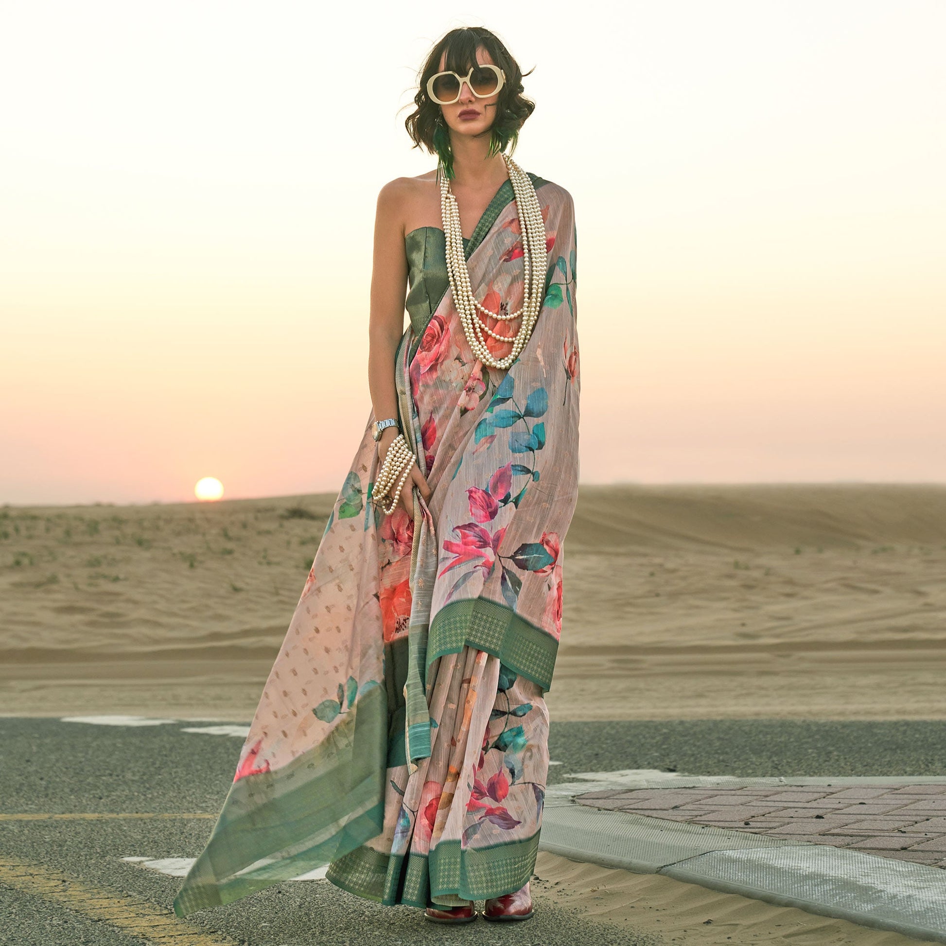 Brown Floral Digital Printed Linen Saree