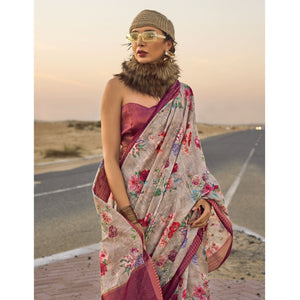 Multicolor Floral Digital Printed Linen Saree