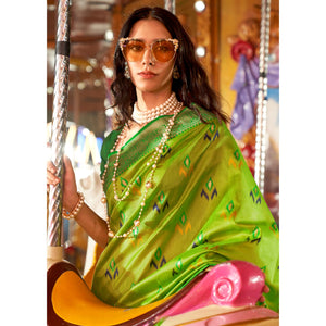 green-ikkat-handwoven-art-silk-saree-with-tassels