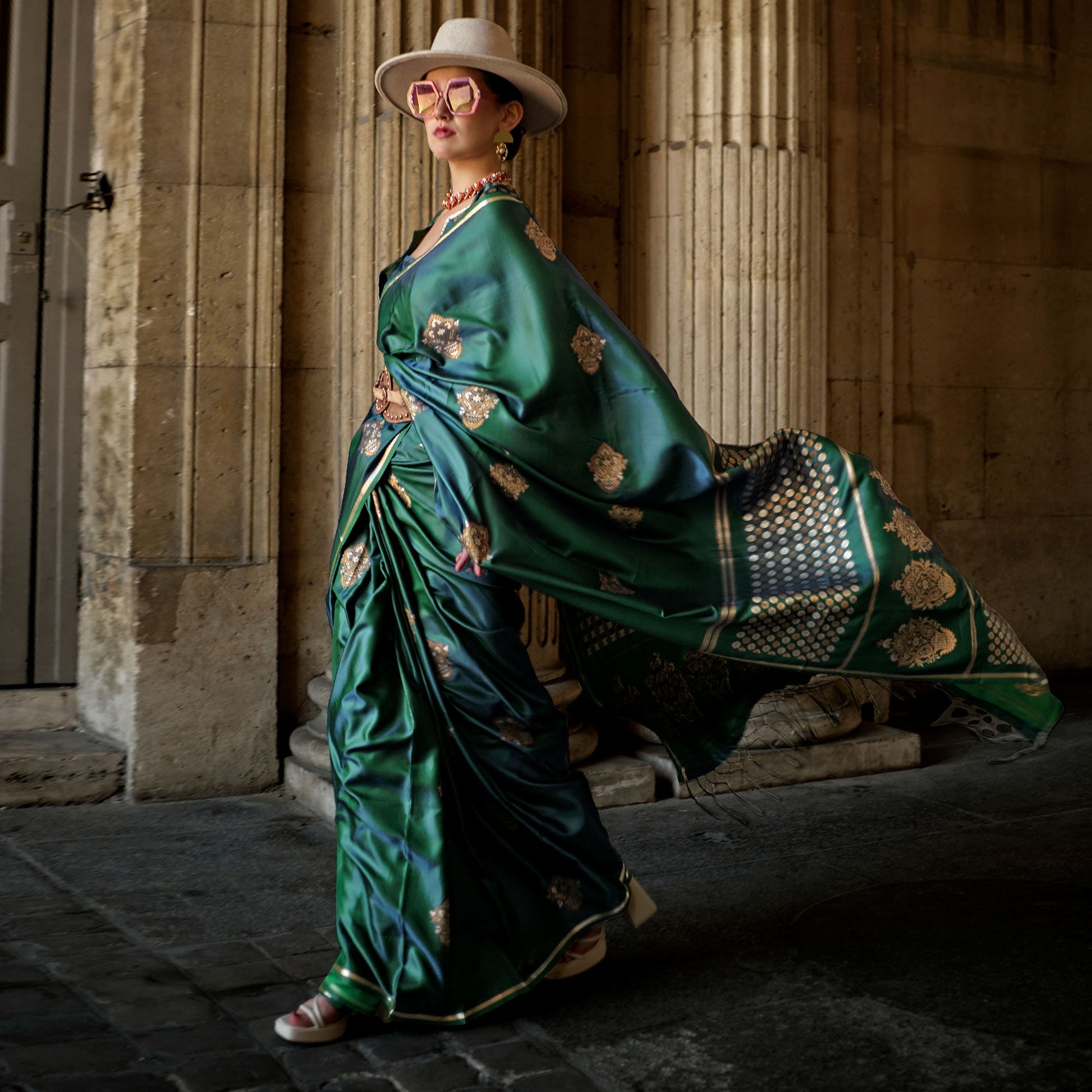 green-floral-woven-satin-saree-with-tassels