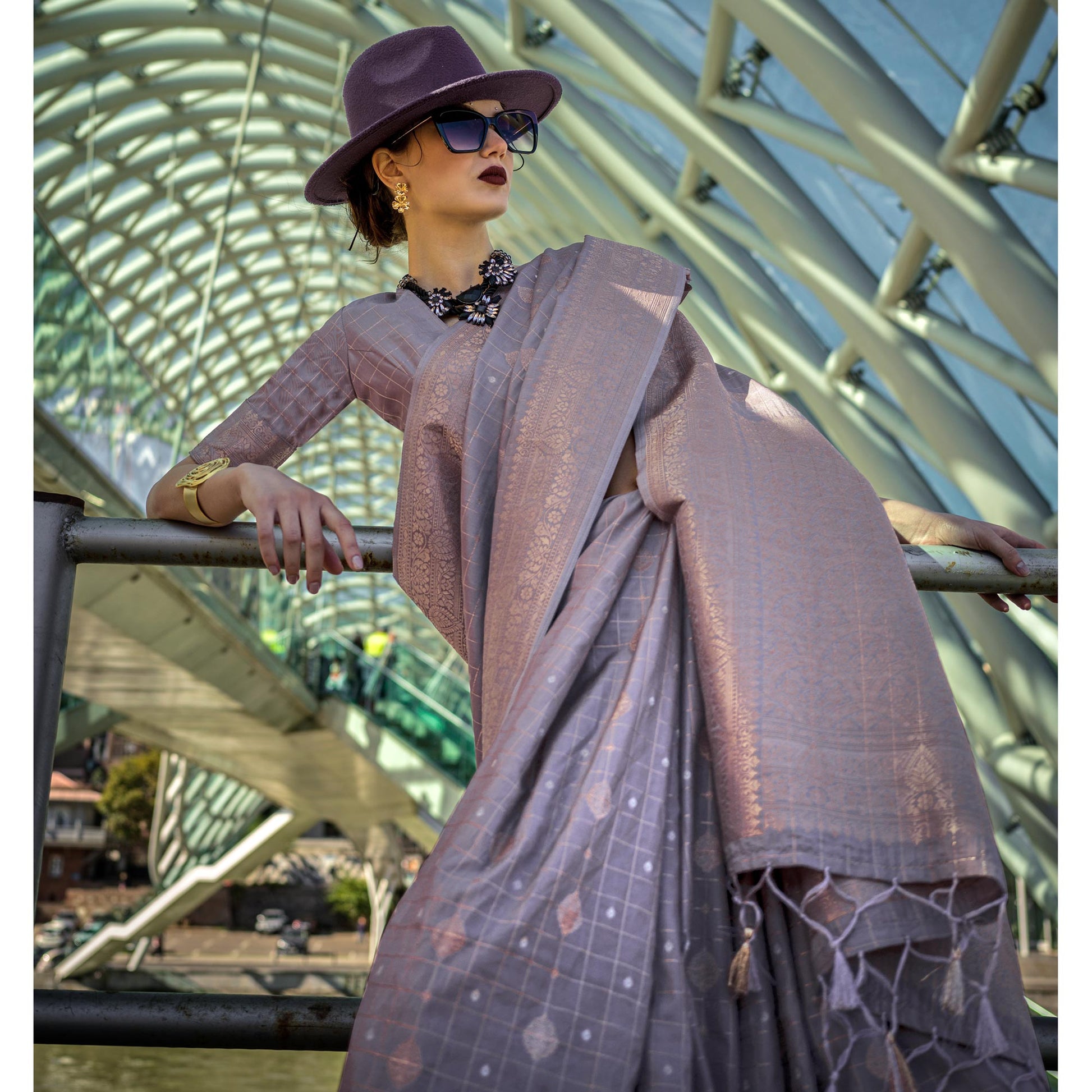 Dusty Lavender Woven Art Silk Saree With Tassels