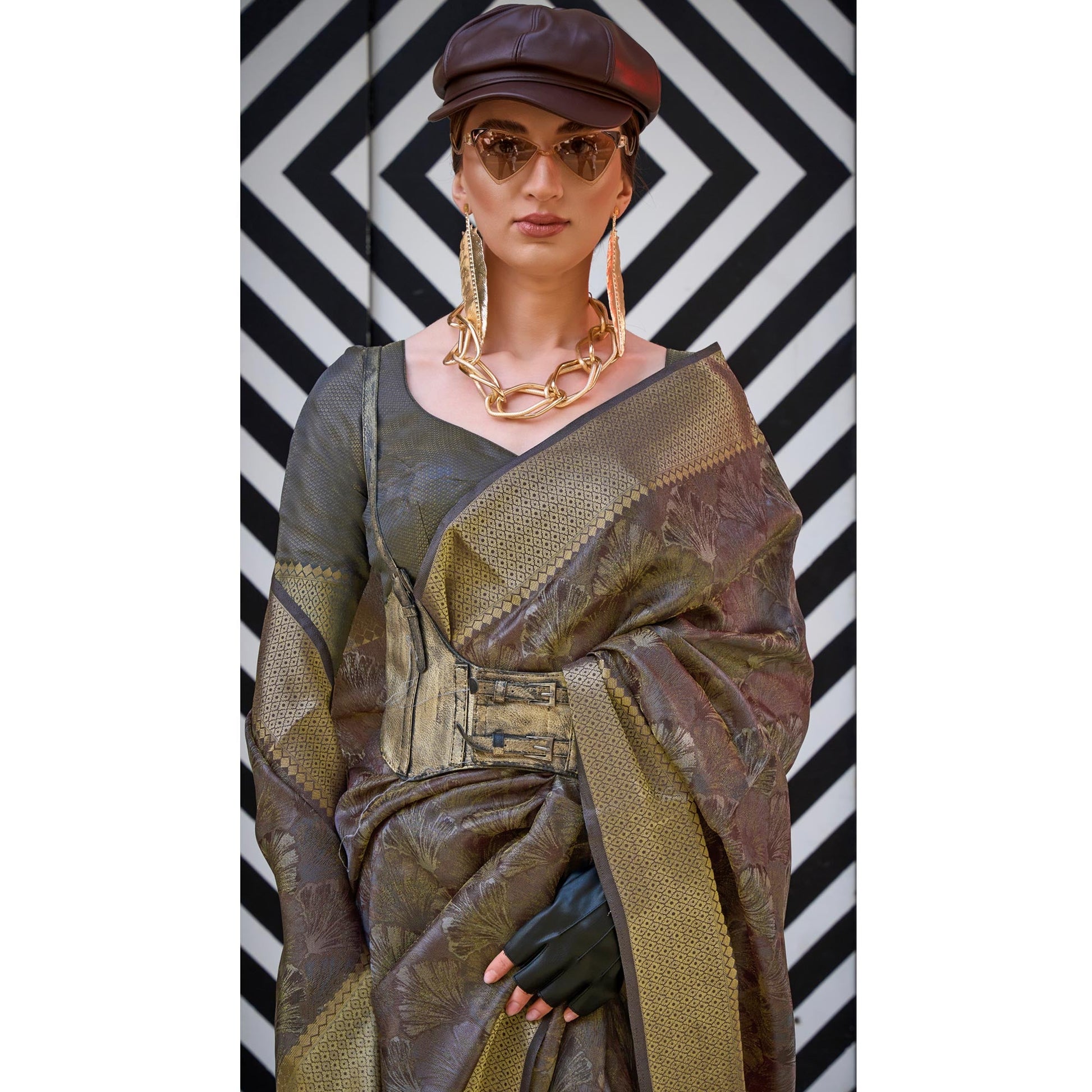 Brown Zari Woven Organza Saree Tassels