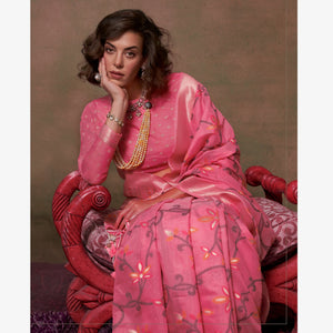 Gajri Pink Floral Woven Cotton Silk Saree With Tassels