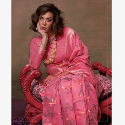 Gajri Pink Floral Woven Cotton Silk Saree With Tassels