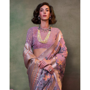 Mauve Floral Woven Cotton Silk Saree With Tassels