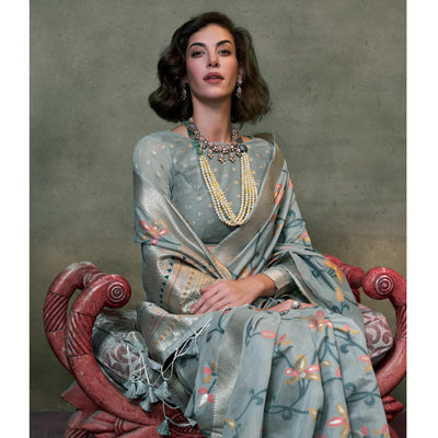 grey-floral-woven-cotton-silk-saree-with-tassels-1