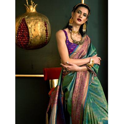 green-floral-woven-art-silk-saree-with-tassels-2