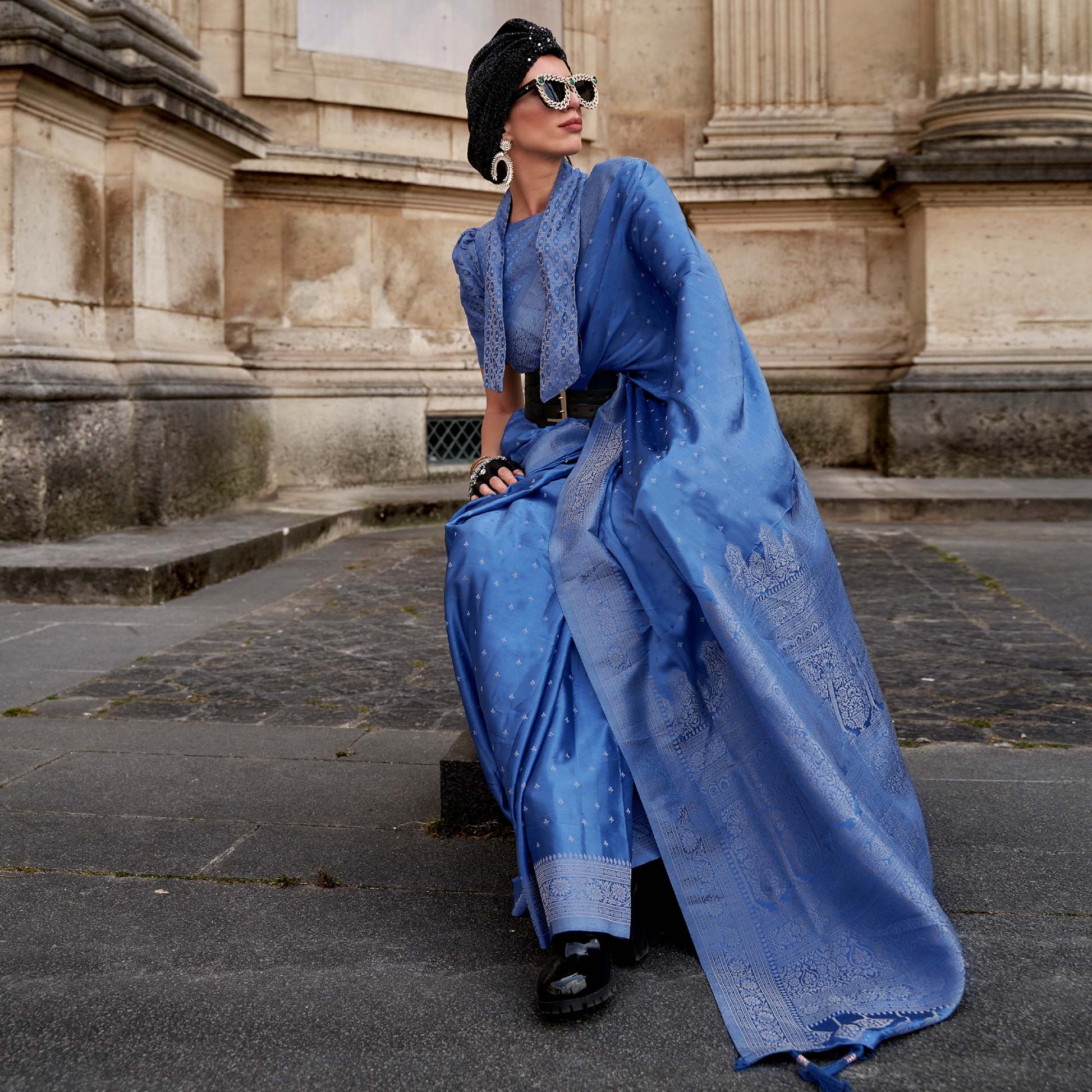 Blue Zari Woven Satin Silk Saree With Tassels