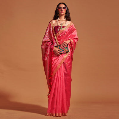 Gajri Pink Woven Art Silk Saree With Tassels