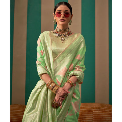 green-floral-woven-linen-saree-with-zari-work