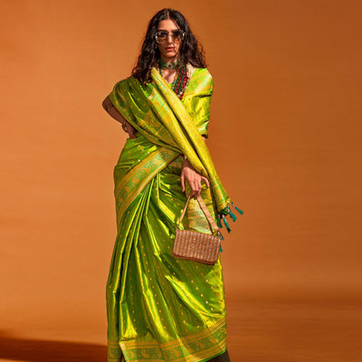 green-woven-zari-border-satin-saree-with-tassels