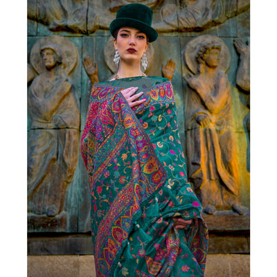 green-woven-kashmiri-organza-saree-with-tassels