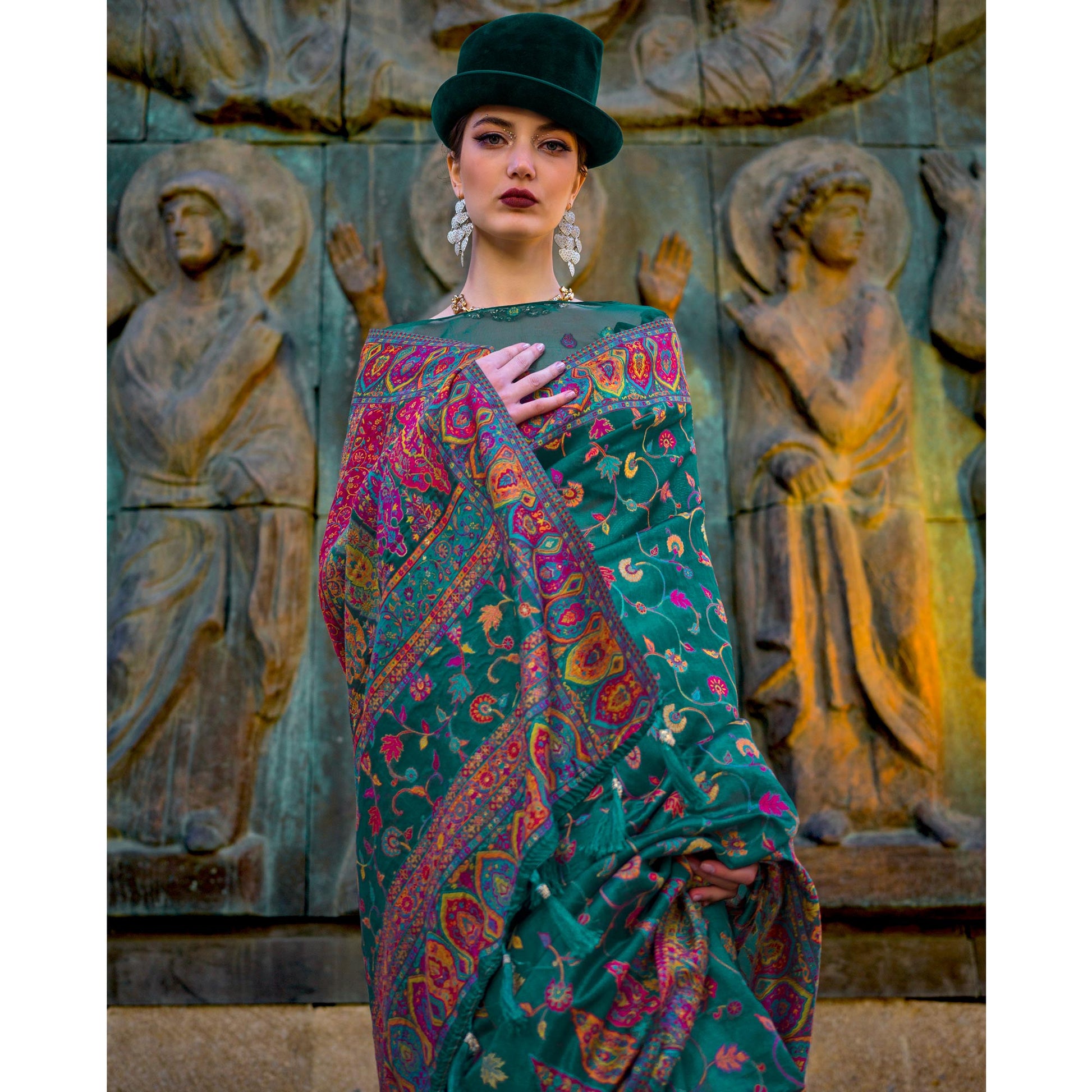 green-woven-kashmiri-organza-saree-with-tassels